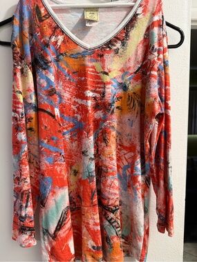 Abstract Red V-Neck Long Sleeve Top by Jess & Jane